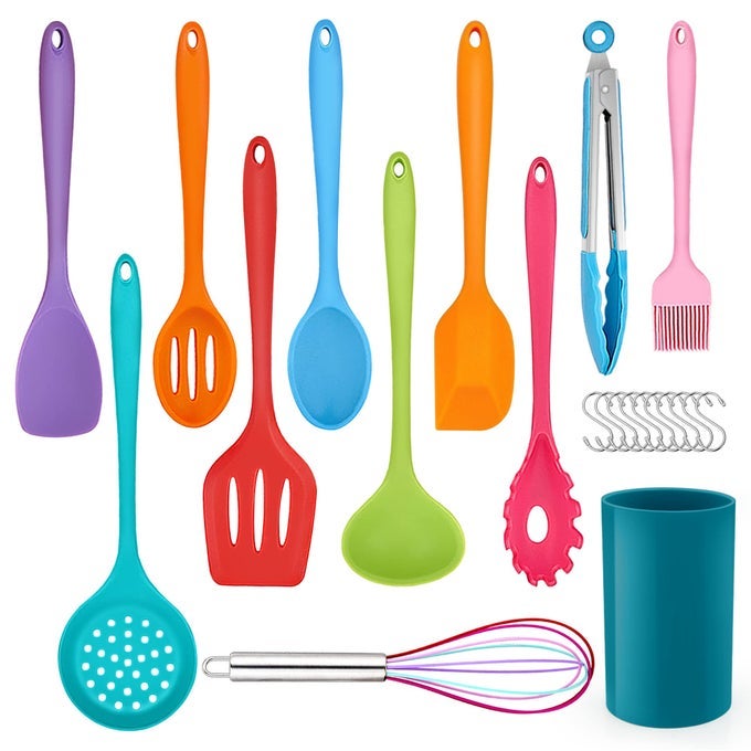 KITCHEN UTENSILS SET 22PIECE SILICONE COOKING UTENSILS WITH HOLDER KITCHEN TOOLS TURNER SPATULA SPOON FOR NONSTICK COOKWARE HEAT RESISTANT NONSCRATCH DISHWASHER SAFE MULTICOLOR