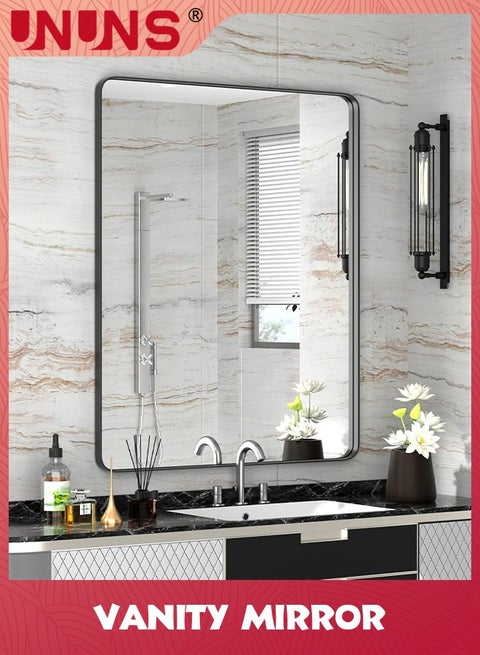 Vanity Bathroom Mirror,Bathroom Mirror For Over Sink,Wall-Mounted Aluminum Framed Mirror For Bedroom,Restroom,Corner,Modern Rounded Corner Anti-Rust Hanging Mirrors Of Home,20 x 28in,Black