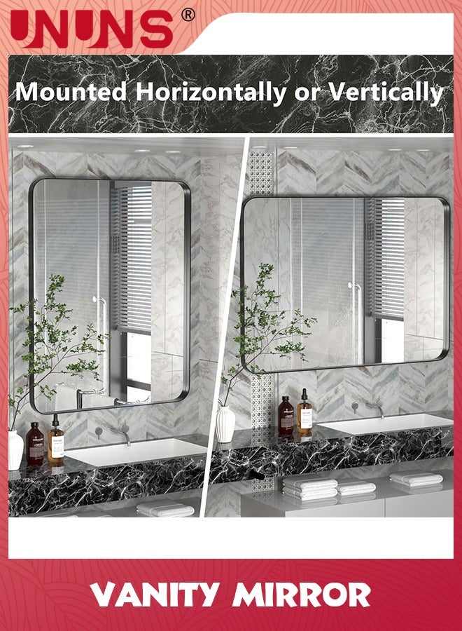 UNUNS Vanity Bathroom Mirror,Bathroom Mirror For Over Sink,Wall-Mounted Aluminum Framed Mirror For Bedroom,Restroom,Corner,Modern Rounded Corner Anti-Rust Hanging Mirrors Of Home,20 x 28in,Black  - Image 2
