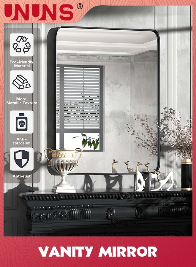 UNUNS Vanity Bathroom Mirror,Bathroom Mirror For Over Sink,Wall-Mounted Aluminum Framed Mirror For Bedroom,Restroom,Corner,Modern Rounded Corner Anti-Rust Hanging Mirrors Of Home,20 x 28in,Black  - Image 3