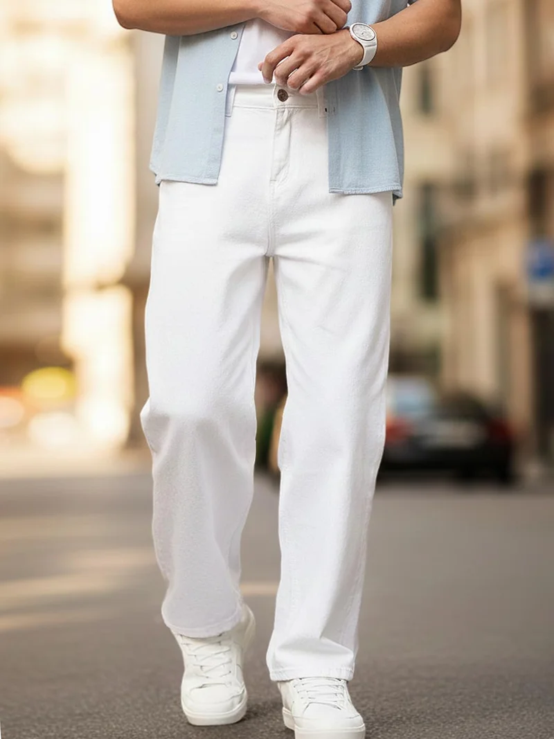 Urbano Fashion Men's White Loose Fit Washed Jeans Non-Stretchable