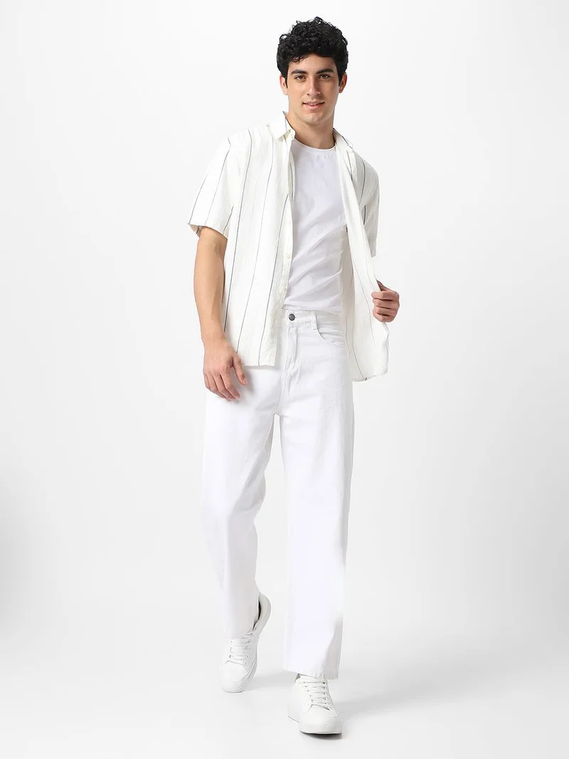 Urbano Fashion  Urbano Fashion Men's White Loose Fit Washed Jeans Non-Stretchable  | Best Price UAE