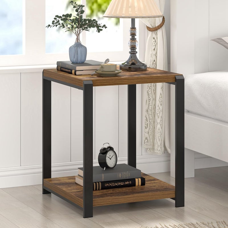 EXCEFUR End Table with Storage Shelf, Modern Side Table for Living Room, Wood and Metal Bedside Table Nightstand, Rustic Brown - Image 2