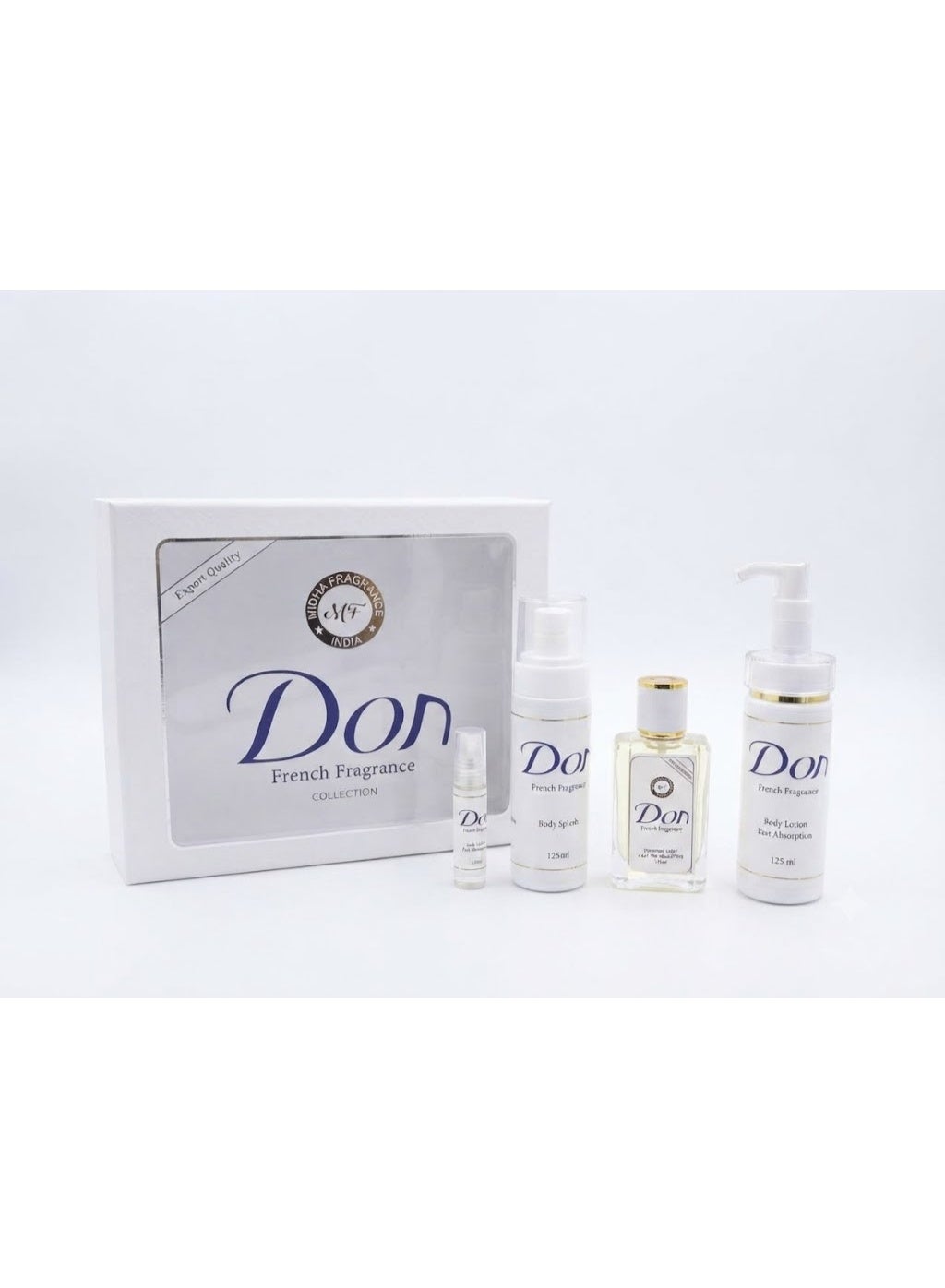 Don 4-Piece Set - Don Roll-On 6ml, Don Perfume 50ml, Body Splash 125ml, and Body Wash 125ml. Long-lasting freshness and longevity.