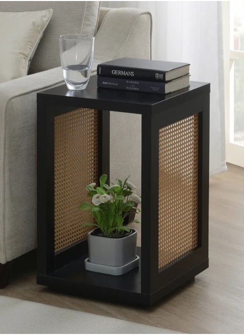 Black C-Shaped End Table with Rattan Side Panels and Shelf – Modern Accent Table