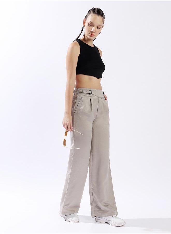 HIGH STAR Women Trousers, Wide Leg, Solid, Light Grey, in 100% Polyester, Zip closure, Woven weave, High-Rise waist, perfect for Casual. Steal the spotlight now!  - Image 1
