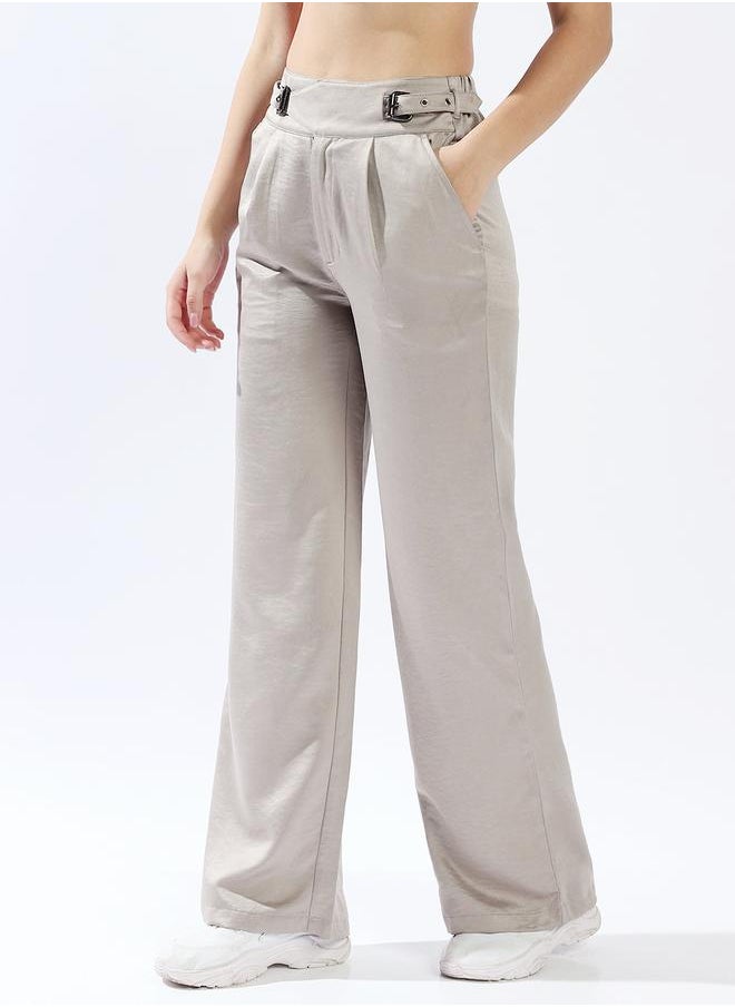 HIGH STAR Women Trousers, Wide Leg, Solid, Light Grey, in 100% Polyester, Zip closure, Woven weave, High-Rise waist, perfect for Casual. Steal the spotlight now!  - Image 3