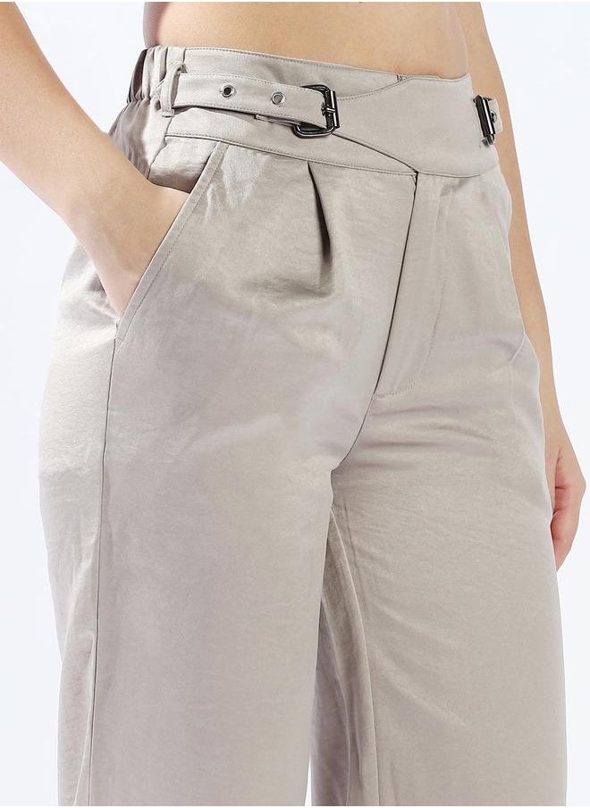HIGH STAR Women Trousers, Wide Leg, Solid, Light Grey, in 100% Polyester, Zip closure, Woven weave, High-Rise waist, perfect for Casual. Steal the spotlight now!  - Image 5