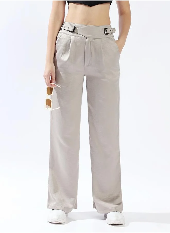 هاي ستار Women Trousers, Wide Leg, Solid, Light Grey, in 100% Polyester, Zip closure, Woven weave, High-Rise waist, perfect for Casual. Steal the spotlight now!