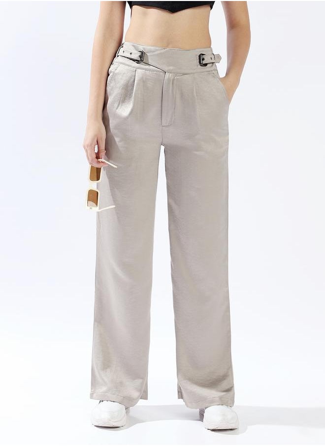 HIGH STAR Women Trousers, Wide Leg, Solid, Light Grey, in 100% Polyester, Zip closure, Woven weave, High-Rise waist, perfect for Casual. Steal the spotlight now!  - Image 2