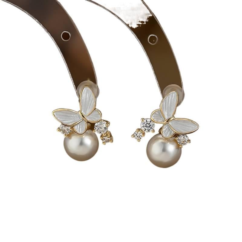 Metal Geometric Pearl Stud Earrings with 925 Sterling Silver Detail Gold - Image 1