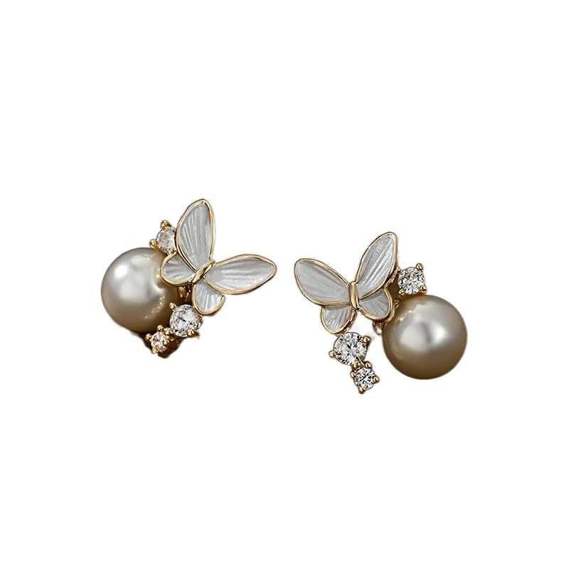 Metal Geometric Pearl Stud Earrings with 925 Sterling Silver Detail Gold - Image 5