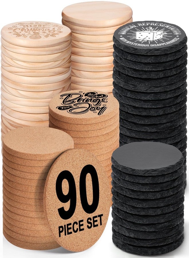 MAPRIAL 90 PCS Round Blank Coasters Bulk for Laser Engraving, MAPRIAL 4 Inch 100% Natural Black Slate Stone, Pine Wood, Cork, Engravable Materials for Engraver, Gifts, Crafts - Image 1