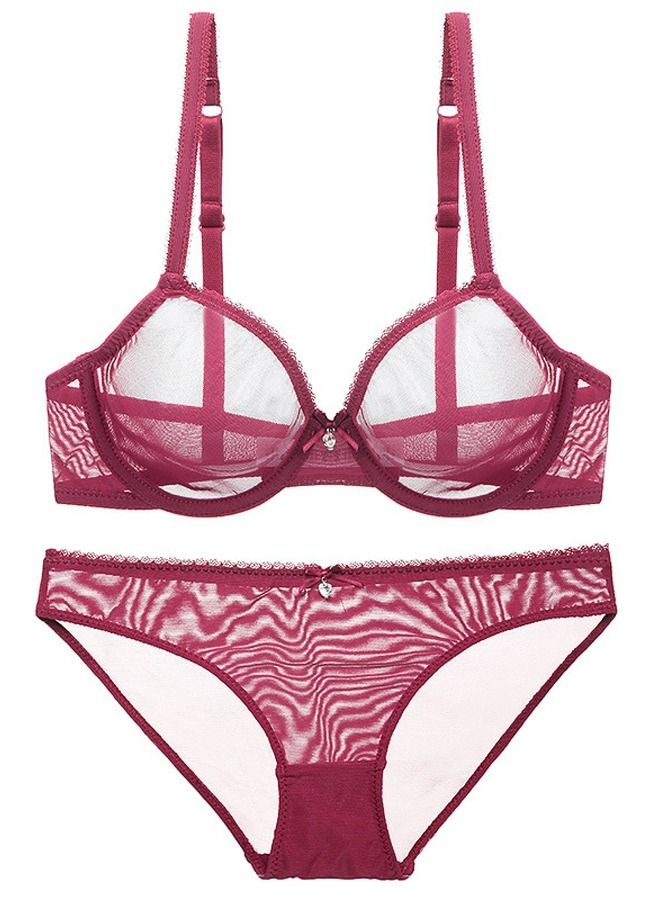 Loquat Solid Color Breathable Ultra Thin Cup Mesh Gauze Bra Panty Set Dark Red 