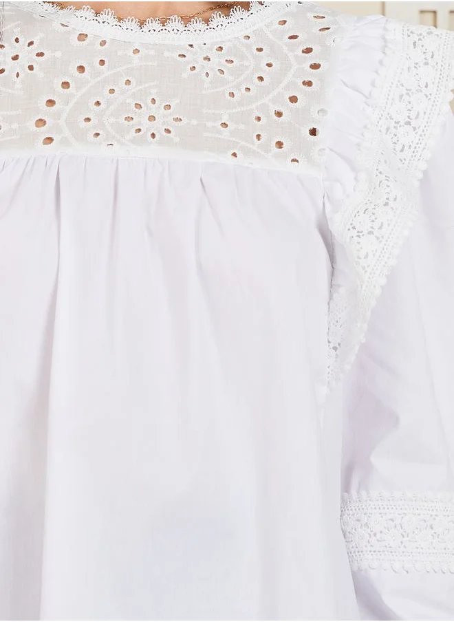 Styli Schiffli Lace Trim Round Neck Blouse