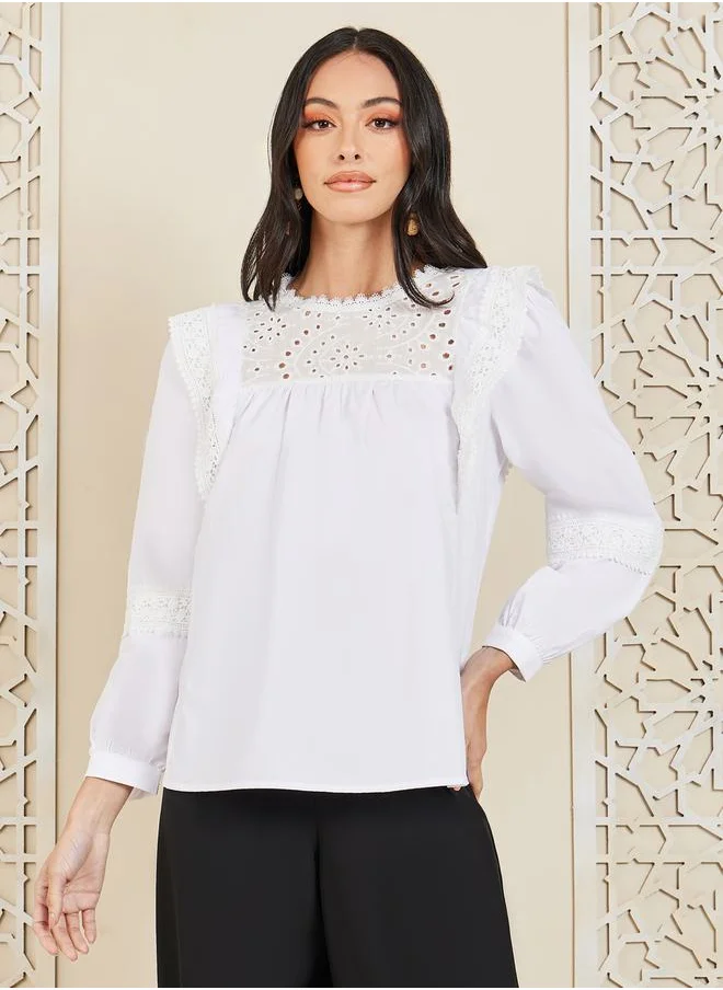 Styli Schiffli Lace Trim Round Neck Blouse