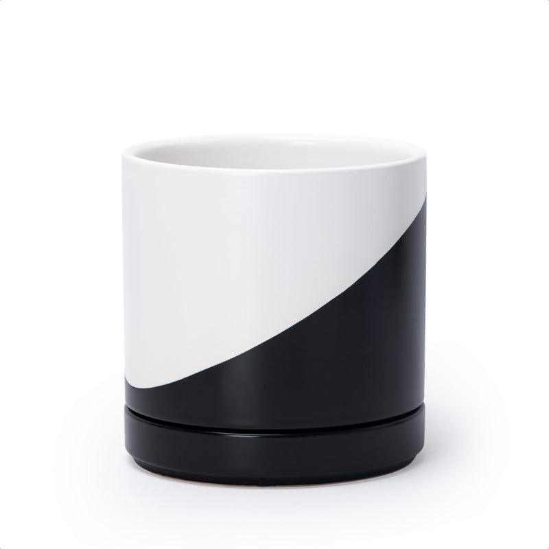 D'Vine Dev 6.5 Inch Ceramic Planter Pot With Drainage Hole And Saucer  Indoor Cylinder Round Planter Pot  Oblique Monochrome Black And White  94-O-C-K - Image 1