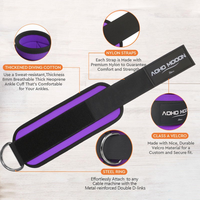 AOHO MOOON (Pair) Comfortable Adjustable Ankle Straps for Cable Machines Women, Gym Workout Leg Strap, Ankle Cuffs for Glute Workouts, Foot Straps for Kickback (Pair, Purple) - Image 4