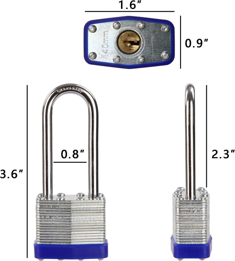 SEPOX ® 12Pcs Set Laminated-Padlocks with Key Different, Extra Long-Shackle, 1-9/16" 40MM Heavy-Duty Steel Lock Body Each Lock with 2 Big Key for Outdoor & Indoor Lockers-Locks, Fence, Gate, Tool-Box - Image 2