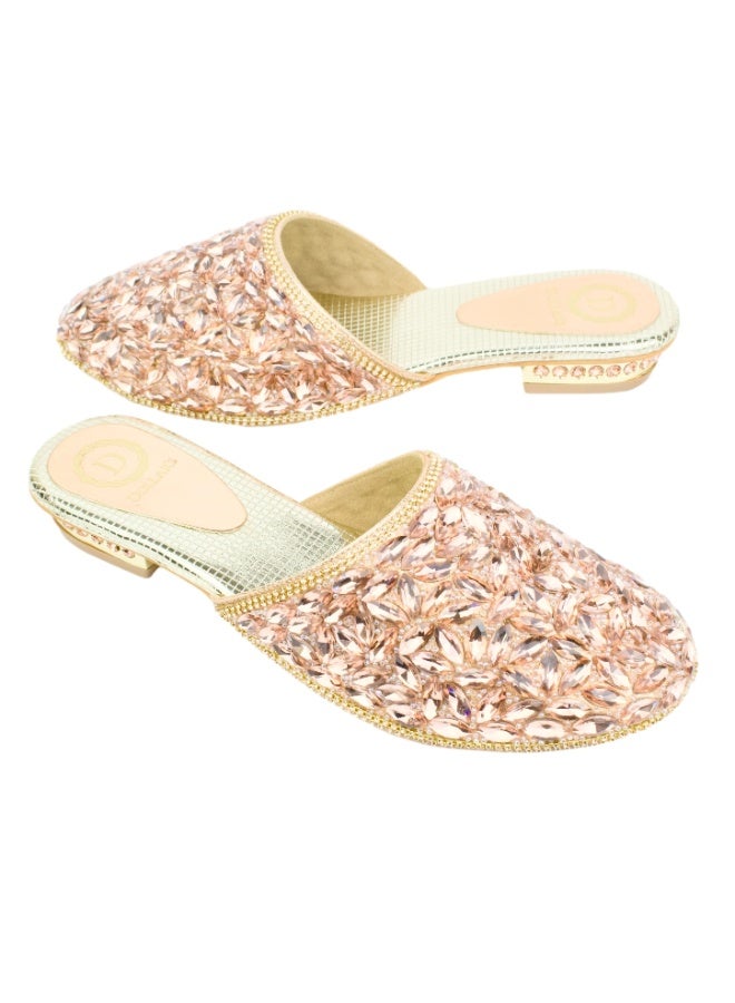 Dollar's Fashion S310F Women Sandals | Bantu Handcrafted Flat Slippers with Crystal Stones | Elegant Party Wear Flats (Rose) - Image 1