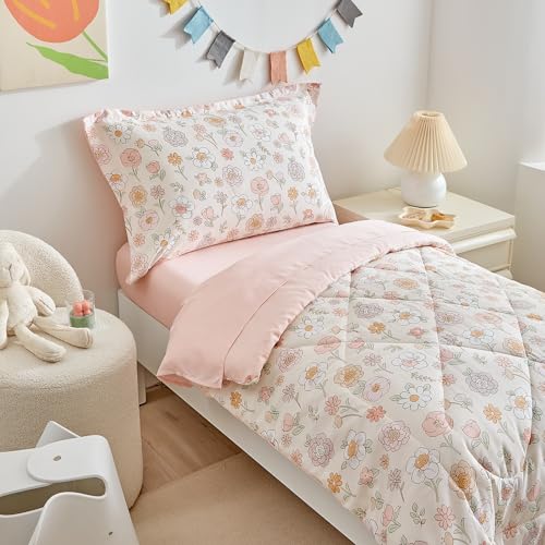 DuShow Floral 4 Piece Girls Toddler Bed Comforter Set Pink Flower Reversible Toddler Bedding Set Soft Baby Crib Bed Sheets Set in a Bag | Include Quilt Comforter,Flat Sheet,Fitted Sheet,Pillowcase - Image 2