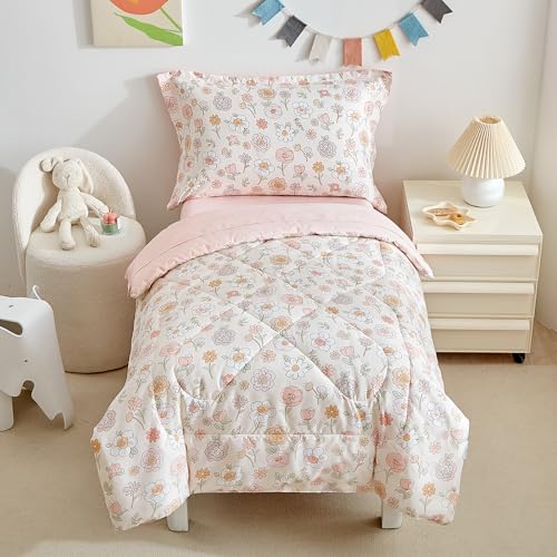 DuShow Floral 4 Piece Girls Toddler Bed Comforter Set Pink Flower Reversible Toddler Bedding Set Soft Baby Crib Bed Sheets Set in a Bag | Include Quilt Comforter,Flat Sheet,Fitted Sheet,Pillowcase - Image 1