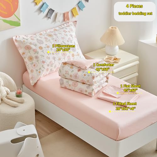 DuShow Floral 4 Piece Girls Toddler Bed Comforter Set Pink Flower Reversible Toddler Bedding Set Soft Baby Crib Bed Sheets Set in a Bag | Include Quilt Comforter,Flat Sheet,Fitted Sheet,Pillowcase - Image 5