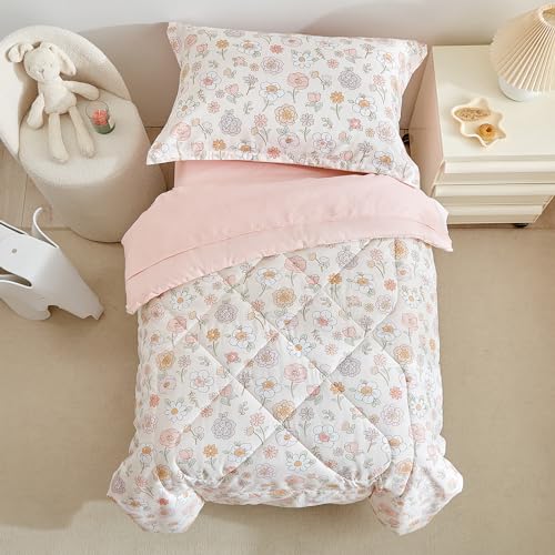 DuShow Floral 4 Piece Girls Toddler Bed Comforter Set Pink Flower Reversible Toddler Bedding Set Soft Baby Crib Bed Sheets Set in a Bag | Include Quilt Comforter,Flat Sheet,Fitted Sheet,Pillowcase - Image 3