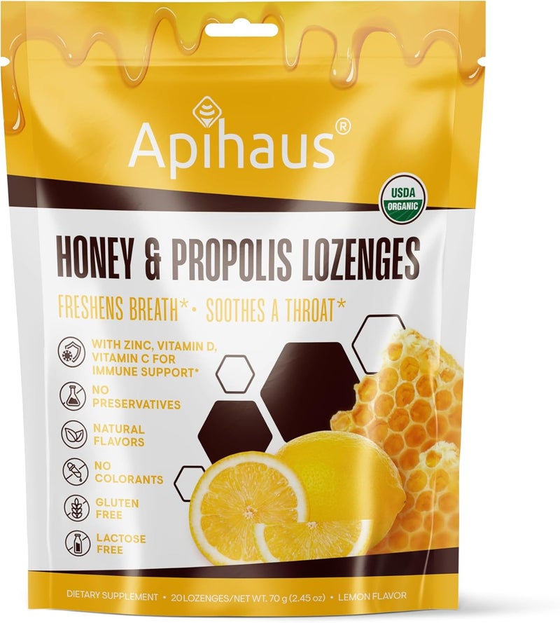 Apihaus Honey and Propolis Lozenges Lemon Flavor, Freshens Breath - Soothes a Throat- Immune Support with Vitamin C, Vitamin D and Zinc, 20 Count 