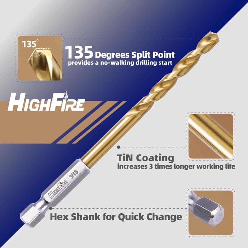 HIGHFIRE 1/8" 135 Degrees Split Point Drill Bits, High Speed Steel Drill Bit Set, Titanium Twist Hex Drill Bits for Steel, Copper and Aluminum (Pack of 12 Identical Pcs) - Image 2