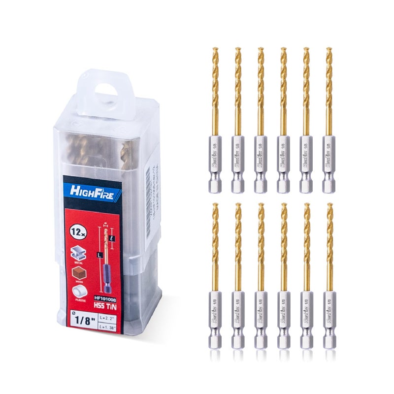 HIGHFIRE 1/8" 135 Degrees Split Point Drill Bits, High Speed Steel Drill Bit Set, Titanium Twist Hex Drill Bits for Steel, Copper and Aluminum (Pack of 12 Identical Pcs) - Image 1