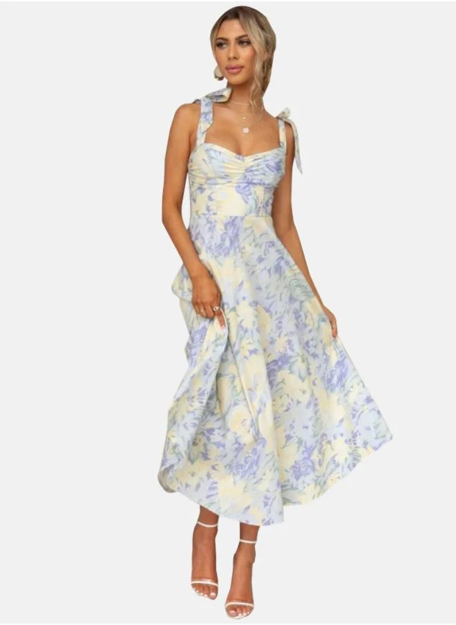 يونيكي Blue Floral Printed Chiffon Maxi Dress