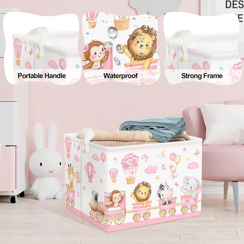 Clastyle سلة تخزين الحيوانات الوردية الكبيرة للأطفال الفتيات على شكل قطار قابلة للطي مع أرفف للكتب والزهور والبالونات وقطع الملابس للغرفة - Image 4
