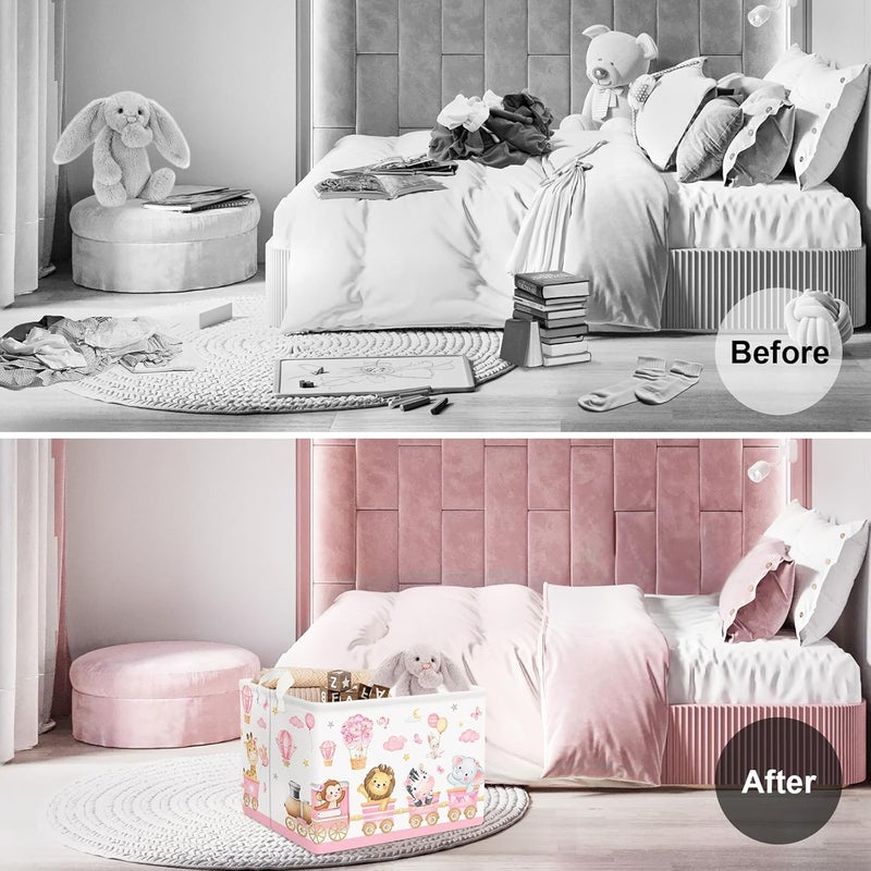 Clastyle سلة تخزين الحيوانات الوردية الكبيرة للأطفال الفتيات على شكل قطار قابلة للطي مع أرفف للكتب والزهور والبالونات وقطع الملابس للغرفة - Image 2