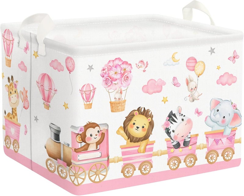 Clastyle سلة تخزين الحيوانات الوردية الكبيرة للأطفال الفتيات على شكل قطار قابلة للطي مع أرفف للكتب والزهور والبالونات وقطع الملابس للغرفة - Image 1