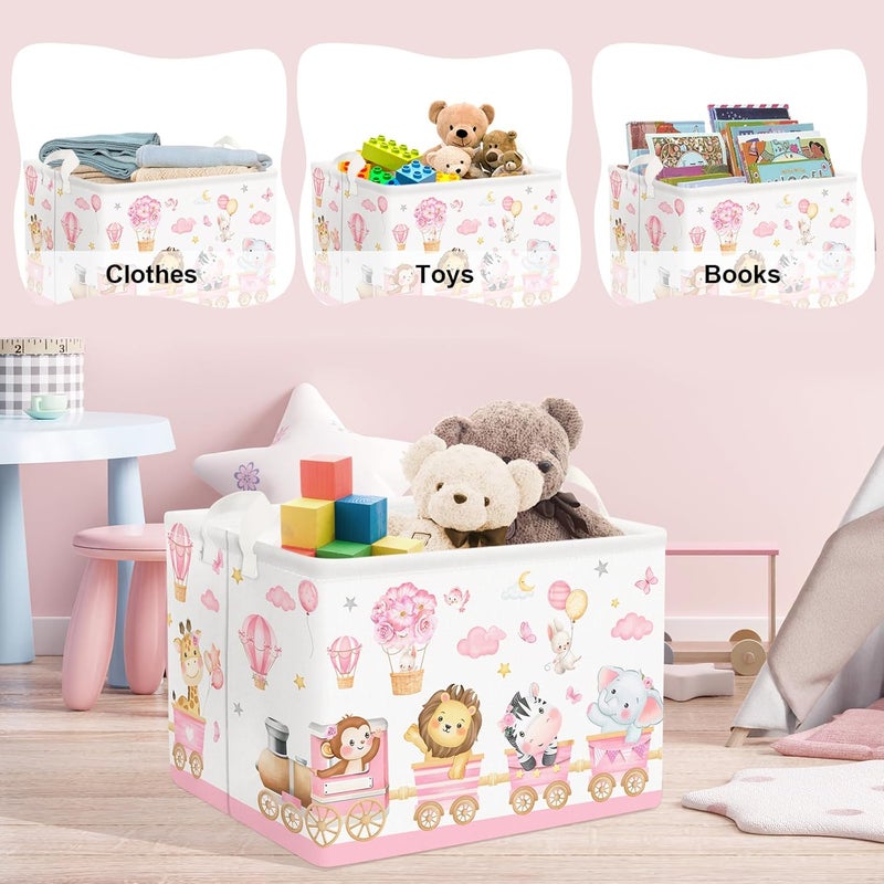 Clastyle سلة تخزين الحيوانات الوردية الكبيرة للأطفال الفتيات على شكل قطار قابلة للطي مع أرفف للكتب والزهور والبالونات وقطع الملابس للغرفة - Image 5