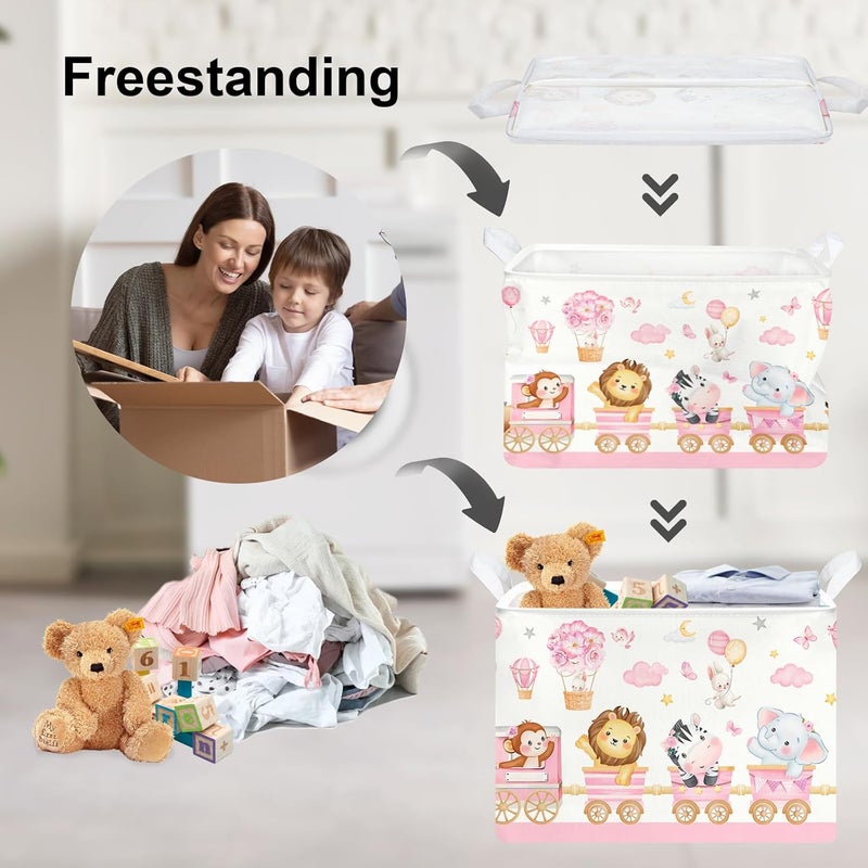 Clastyle سلة تخزين الحيوانات الوردية الكبيرة للأطفال الفتيات على شكل قطار قابلة للطي مع أرفف للكتب والزهور والبالونات وقطع الملابس للغرفة - Image 3