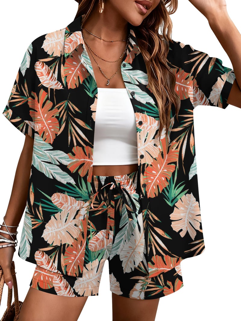 LOMON Women's 2 Piece Hawaiian Vacation Outfits Tropical Print Short Sleeve Shirts and Shorts Beach Sets Resort Wear - Image 1