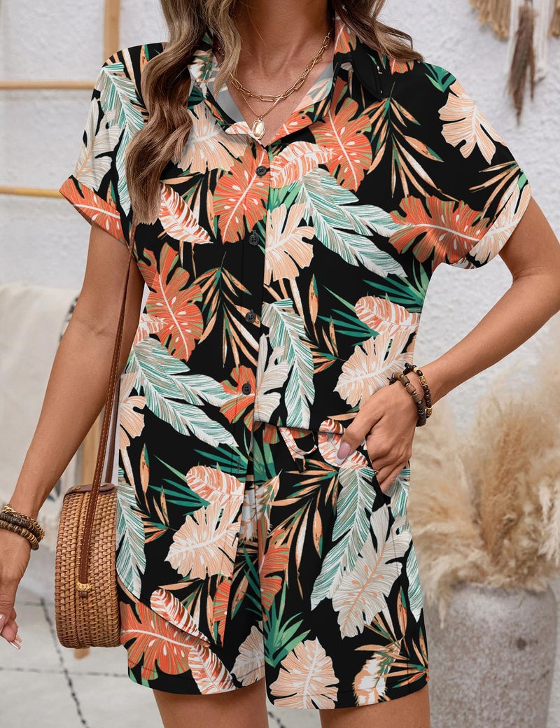 LOMON Women's 2 Piece Hawaiian Vacation Outfits Tropical Print Short Sleeve Shirts and Shorts Beach Sets Resort Wear - Image 5