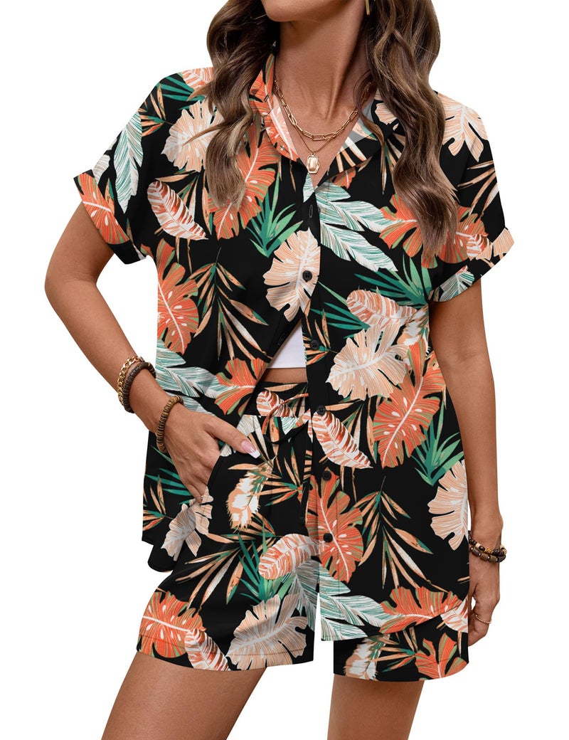 LOMON Women's 2 Piece Hawaiian Vacation Outfits Tropical Print Short Sleeve Shirts and Shorts Beach Sets Resort Wear - Image 3