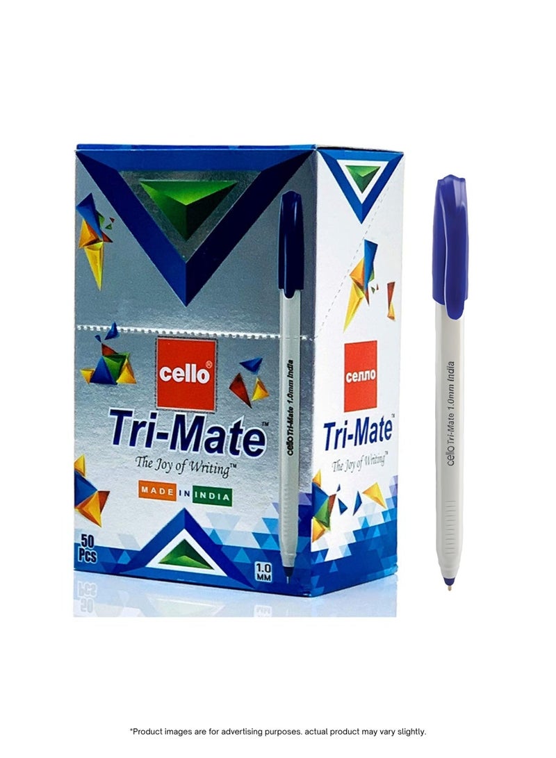 تشيلو أقلام سيلو Tri-Mate حبر جاف 1.0 مم رأس متوسط كتابة ناعمة لون أزرق – عبوة 50 قلم - Image 1