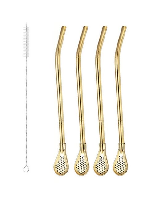 4-Piece Reusable Straw Set Filter Spoon and Straw Combined With Cleaning Brush Gold