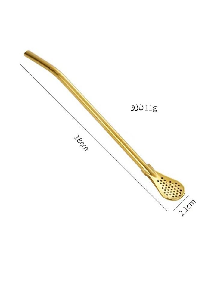 4-Piece Reusable Straw Set Filter Spoon and Straw Combined With Cleaning Brush Gold