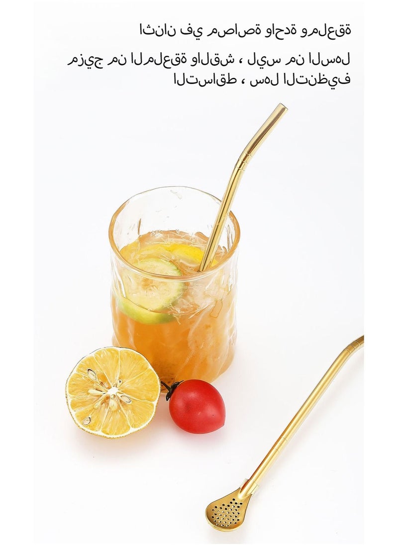 4-Piece Reusable Straw Set Filter Spoon and Straw Combined With Cleaning Brush Gold