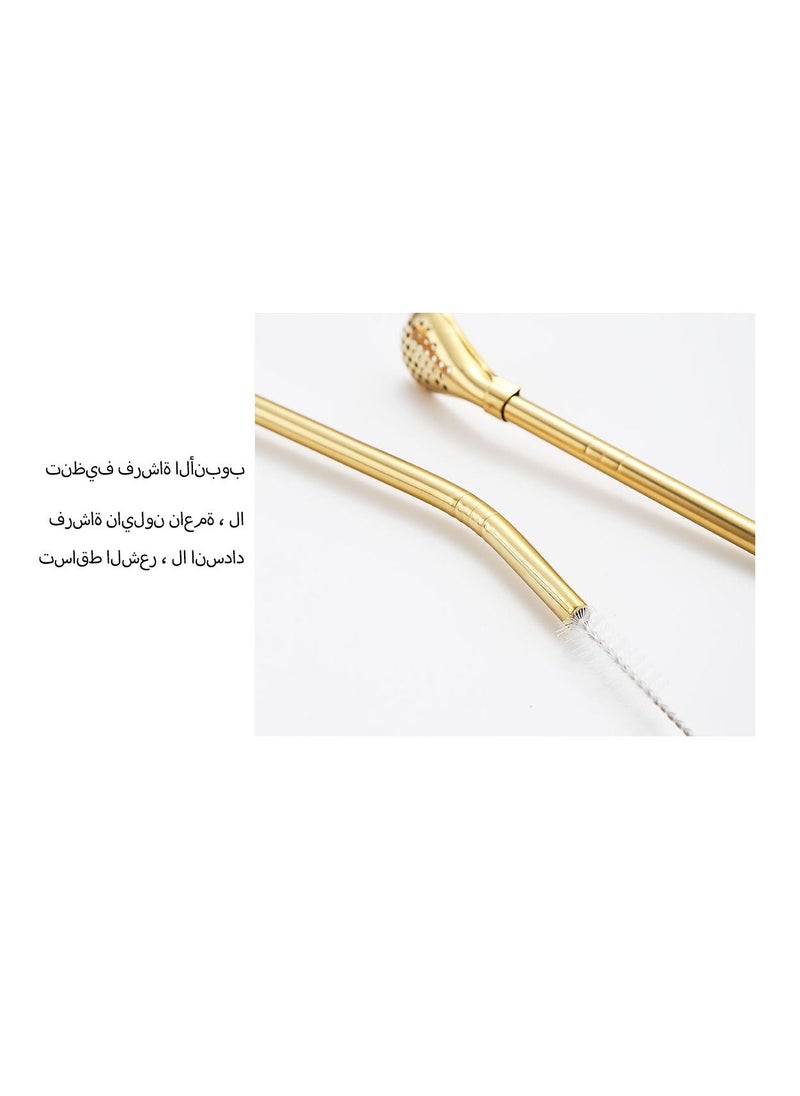 4-Piece Reusable Straw Set Filter Spoon and Straw Combined With Cleaning Brush Gold