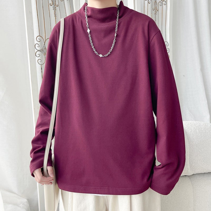 Mock Collar Velvet T-Shirt Men'S Trendy Brand Loose Pullover Simple Solid Color Inner Long Sleeve Base Shirt - Image 1