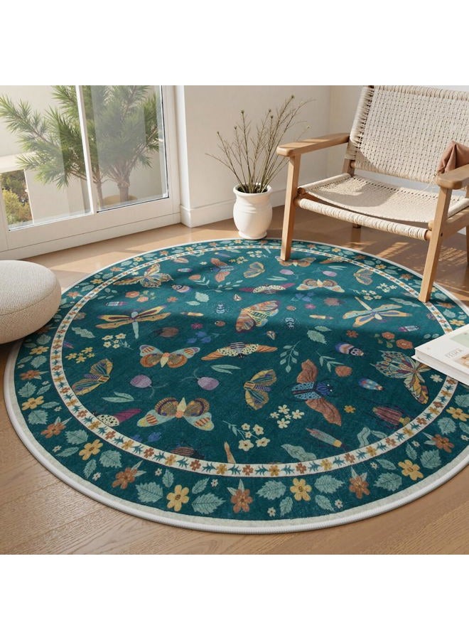 Insect Washable Round Area Rug, Soft Round Rugs 6ft Ultra-Thin Non-Slip, Boho Large Circle Carpet for Bedroom Living Room Kitchen Nursery, Dark Green