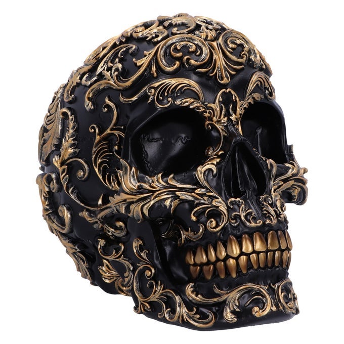RENAISSANCE SKULL 19CM RESIN BLACK GOLD GOLD BAROQUE STYLE PATTERN BLACK SKULL ORNAMENT GOTHIC DCOR CAST IN THE FINEST RESIN EXPERTLY HANDPAINTED