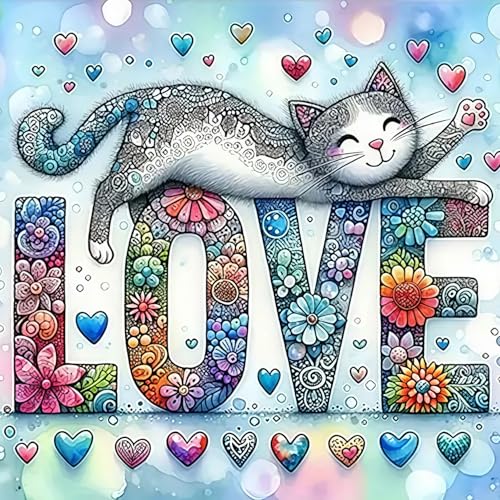 CHWGLFGG 5D Diamond Art Kits for Adults Beginners, Love Cat Diamond Painting Kits, DIY Full Round Drill Paint by Diamonds Dot Gem Art for Adults, Home Wall Decor 13.7X 13.7 Inch - Image 1