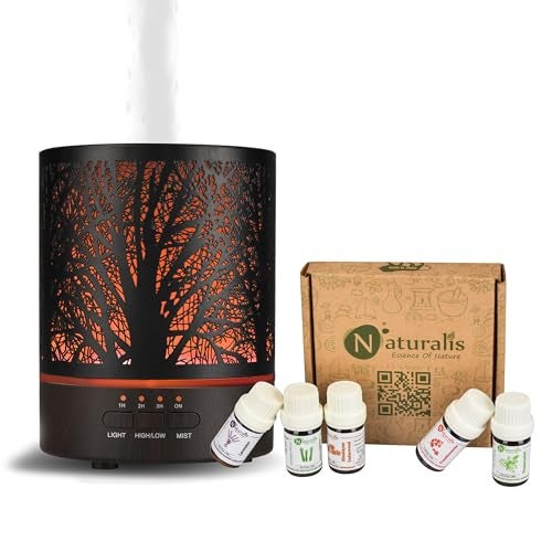 Naturalis Aroma Diffuser for Home Electric Use – Electric Diffuser & Ultrasonic Humidifier, Metal Body, 300ML Tank, Free 5 Natural Essential Oils, 4 Timer Settings, 2 Mist Modes, 7-Color LED Lights - Image 1